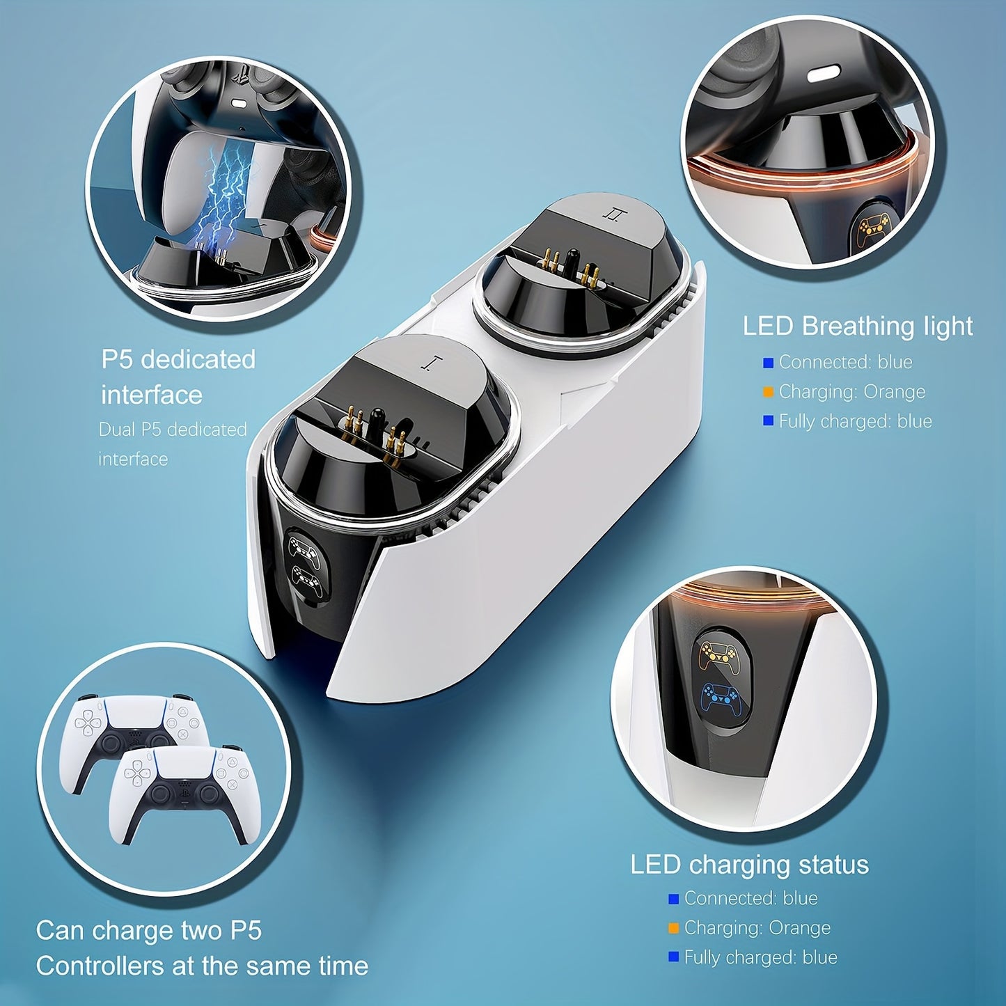Charging Station for PS5 Controller with 5V/3A AC Fast Charging Adapter, Dual Charging Stand for Playstation 5, Docking Station as Replacement of DualSense Charging Station